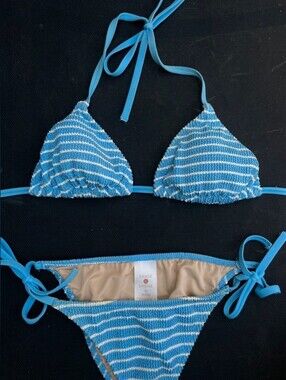 Shade & Shore Blue and White Striped Smocked Triangle Bikini Set